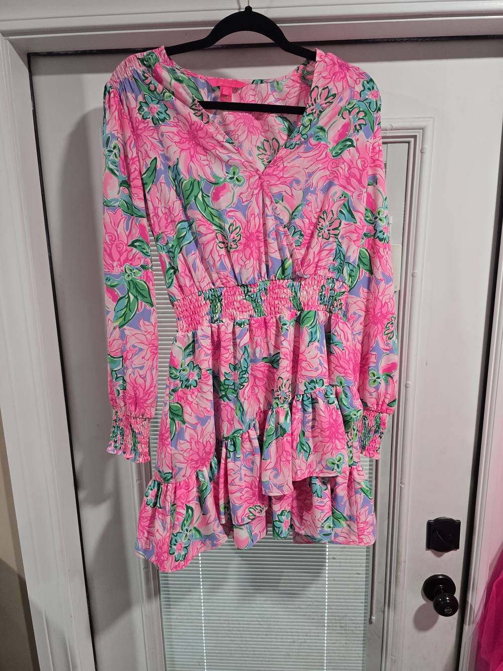 Lilly Pulitzer Pink Floral Smocked-Waist Tiered Dress
